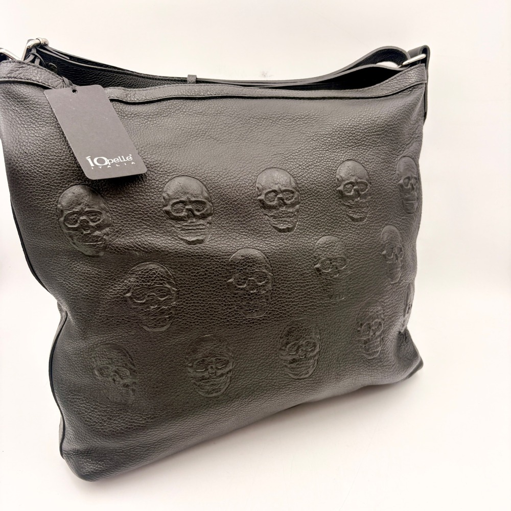 IoPelle Italia Black Pebbled Leather Embossed Skull Hobo‎ Shoulder Bag NWT